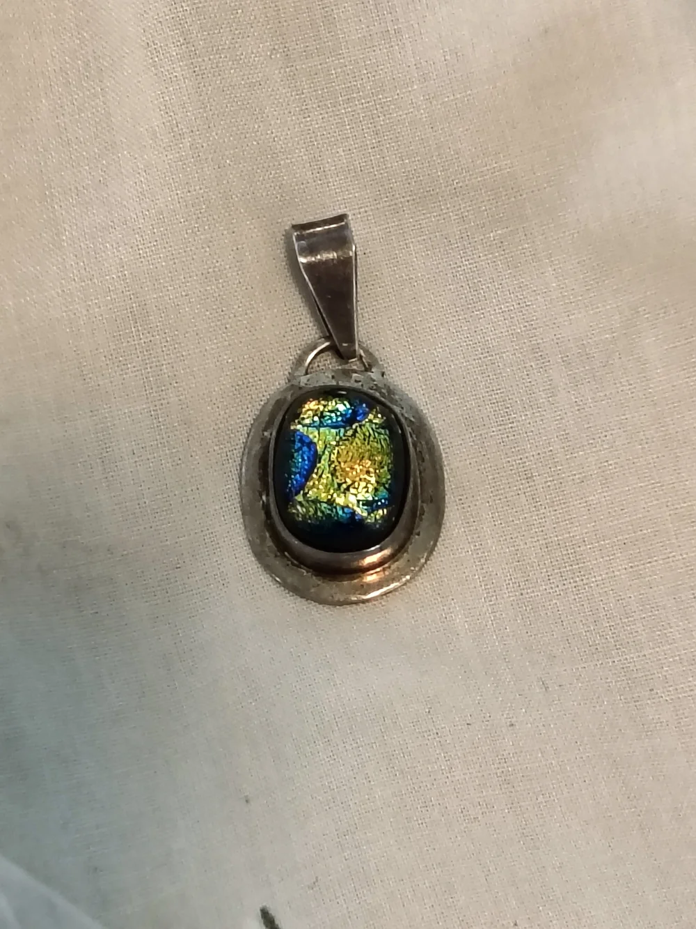 Vintage 925 Sterling Silver Dichroic Glass Pendant Blue Green Gold